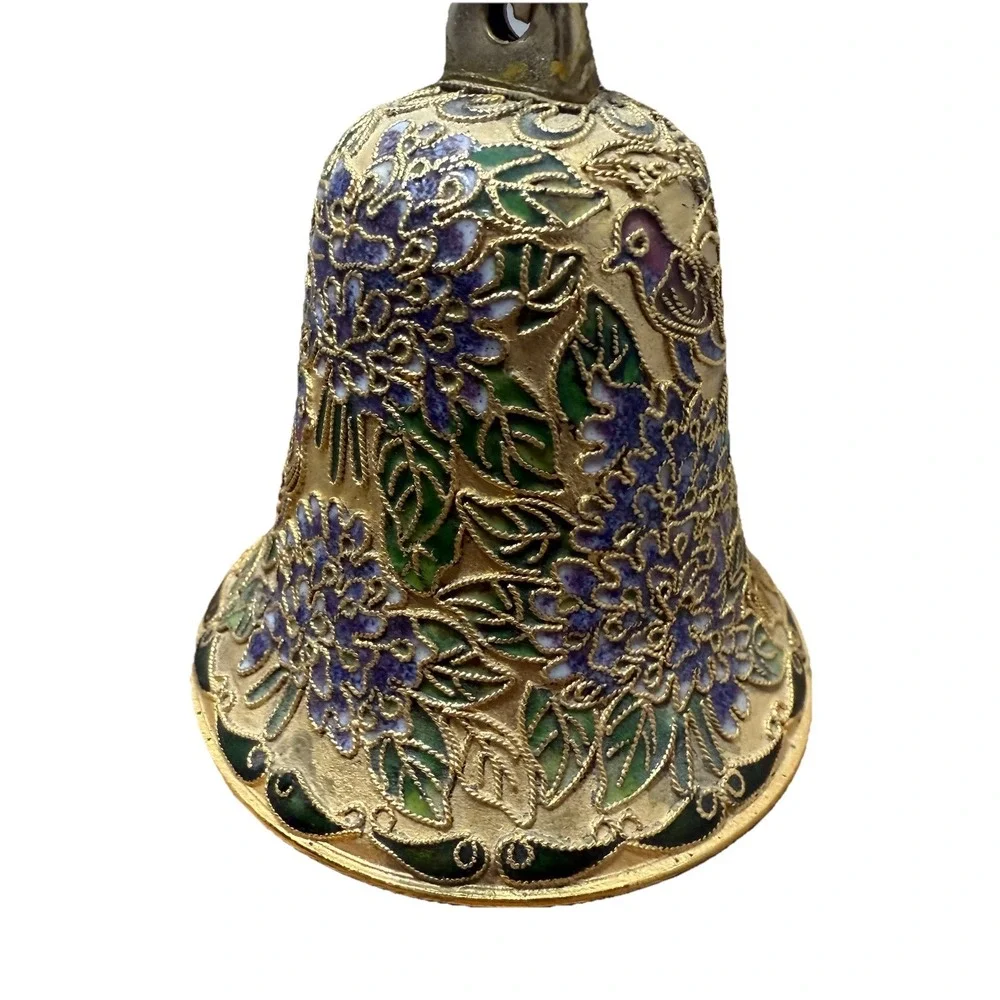 Cloisonné Christmas Bell Gold With Birds And‎ Flowers